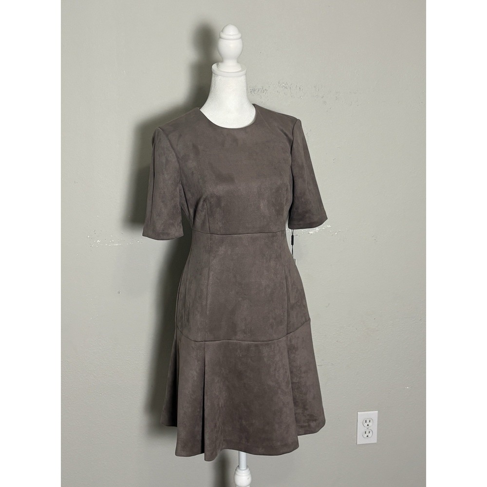 NWT Calvin Klein Taupe Faux Suede Dress Size 4 Fit Flare Pleated Work Career